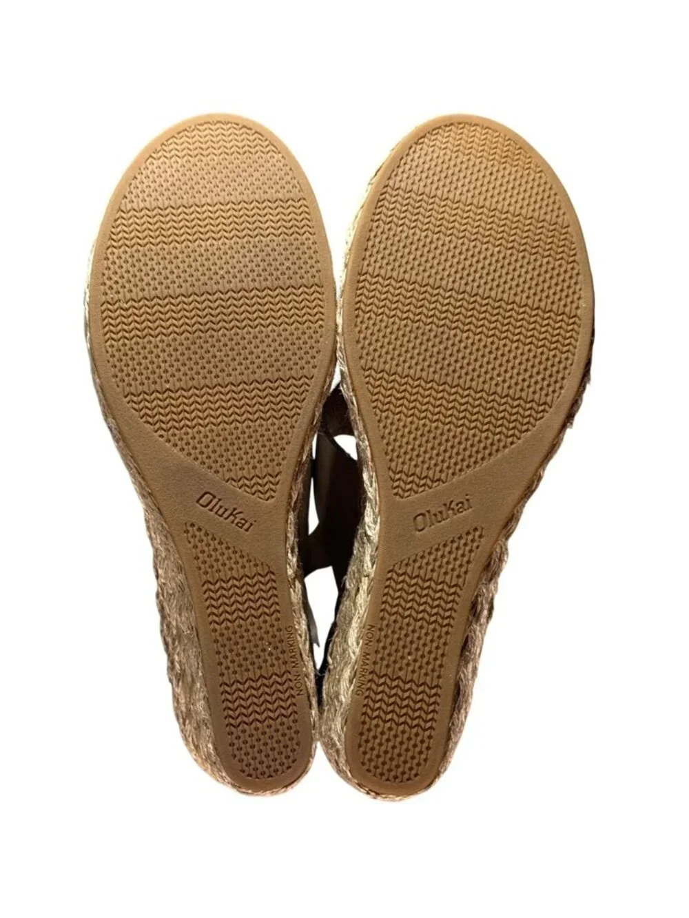 Olukai Lile Wedge Sandals Womens Sz 9 Beige Leather Upper Jute Platform Rubber S